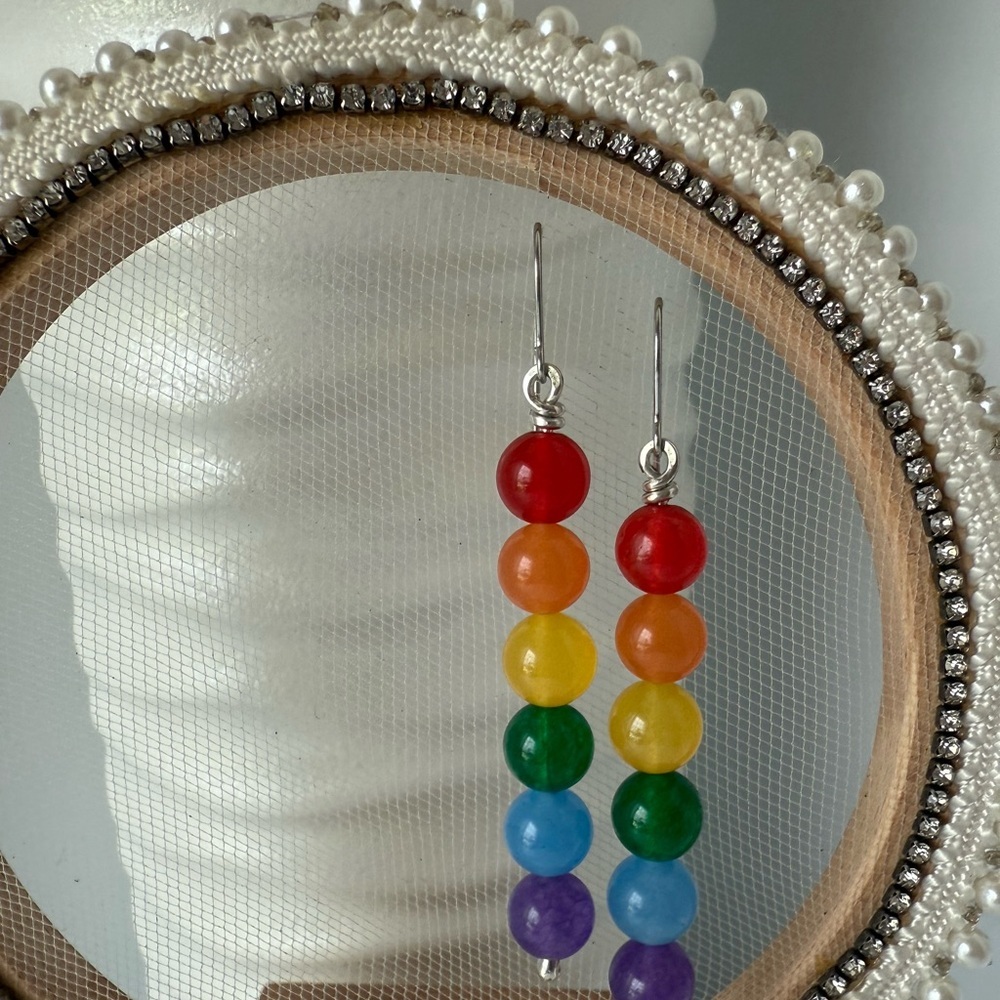 HAND CRAFTED Pride Wire Wrapped Jade Rainbow Sterling Silver Earrings - Picture 6 of 13